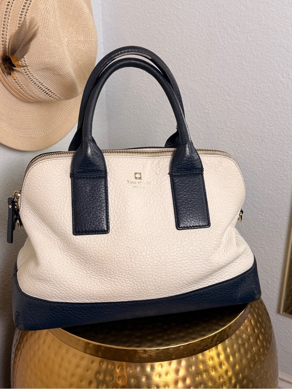 kate spade Cream/White and Navy Pebbled Leather Satchel